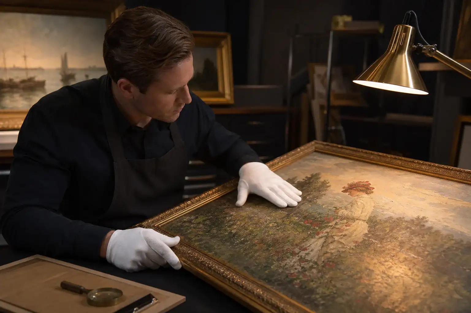 DafenArts curator performing a rigorous white-glove quality inspection on a heavily textured impasto oil painting, ensuring museum-quality standards.