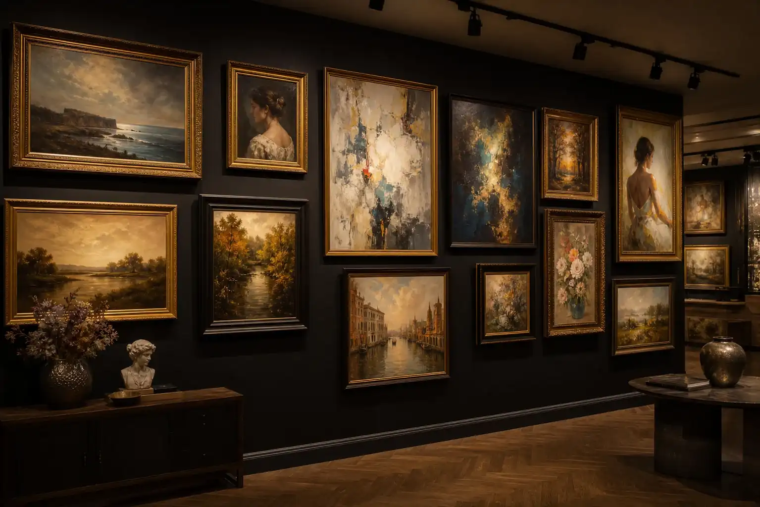 A luxury gallery wall interior featuring a DafenArts museum-quality, hand-painted oil reproduction of Vincent van Gogh's Starry Night.