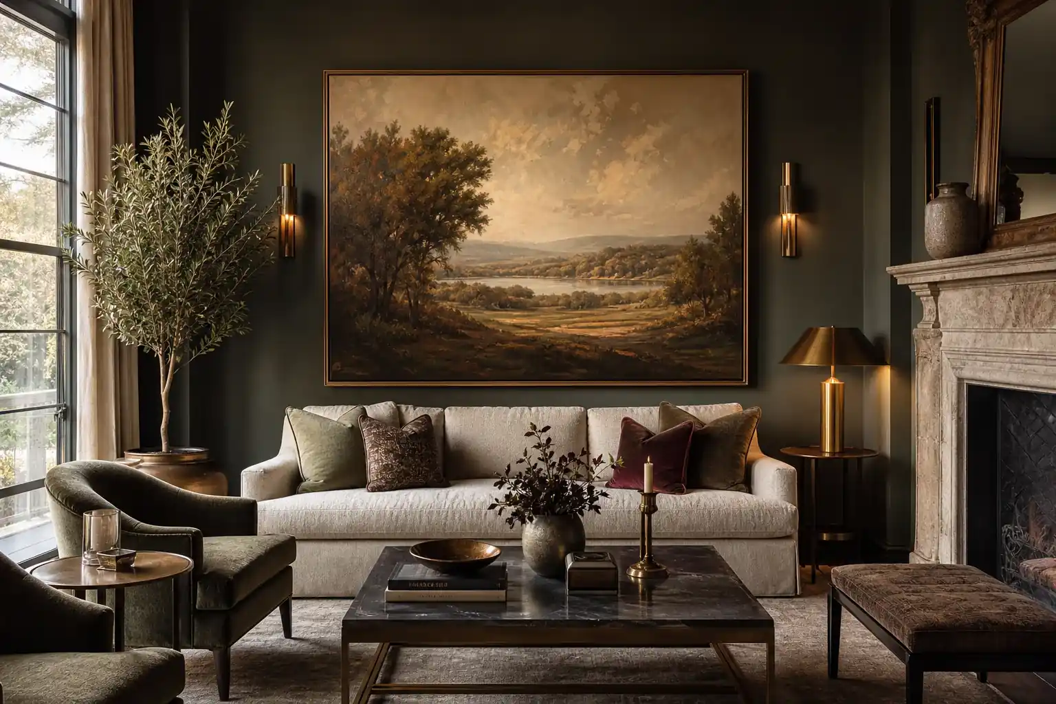 Elegant classical landscape hand-painted oil reproduction by DafenArts, sophisticatedly framed and displayed in a high-end luxury living room setting.
