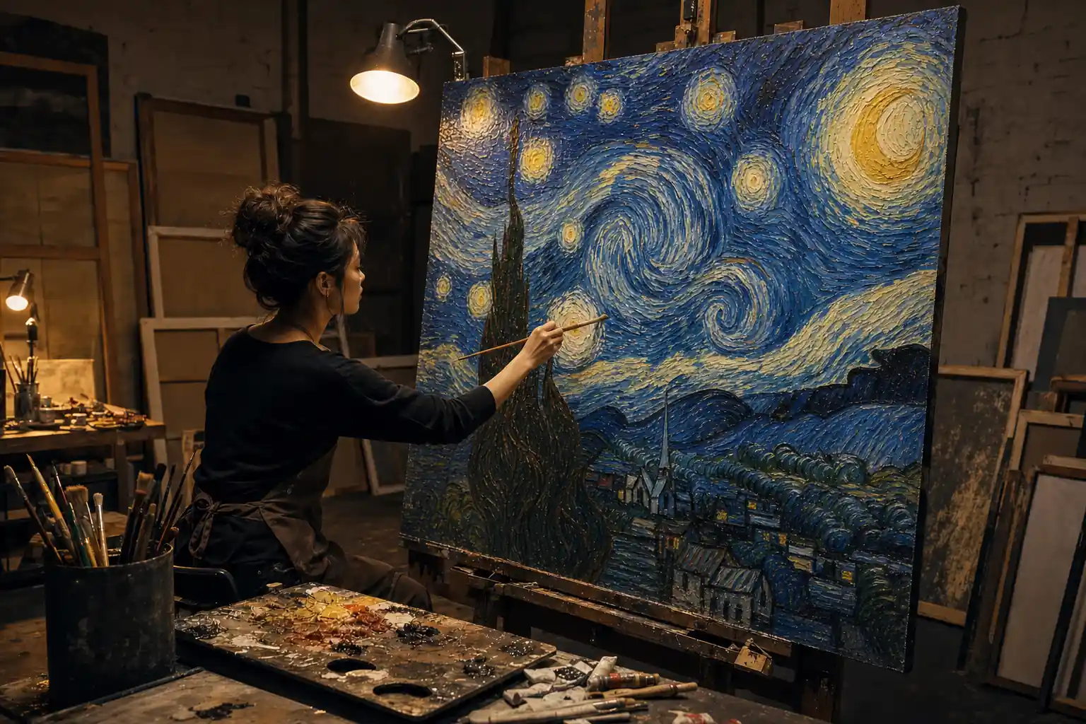 DafenArts master artist meticulously hand-painting a museum-quality oil canvas in the studio, demonstrating authentic traditional brushwork techniques.