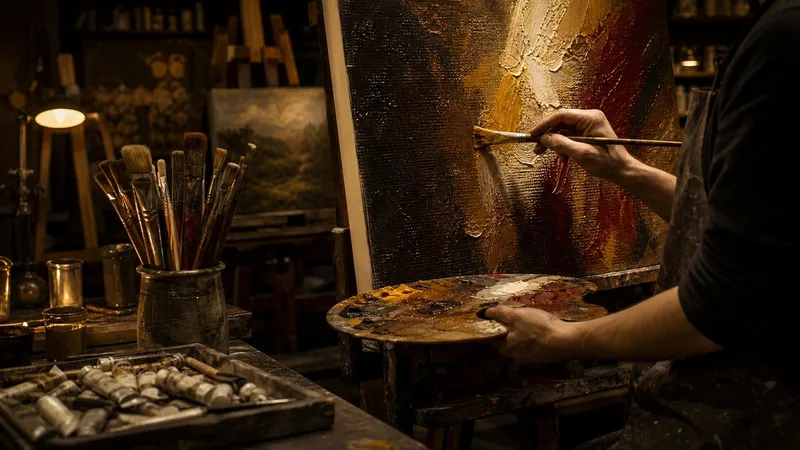 DafenArts professional master painting in progress, cinematic dark studio in Dafen oil painting village