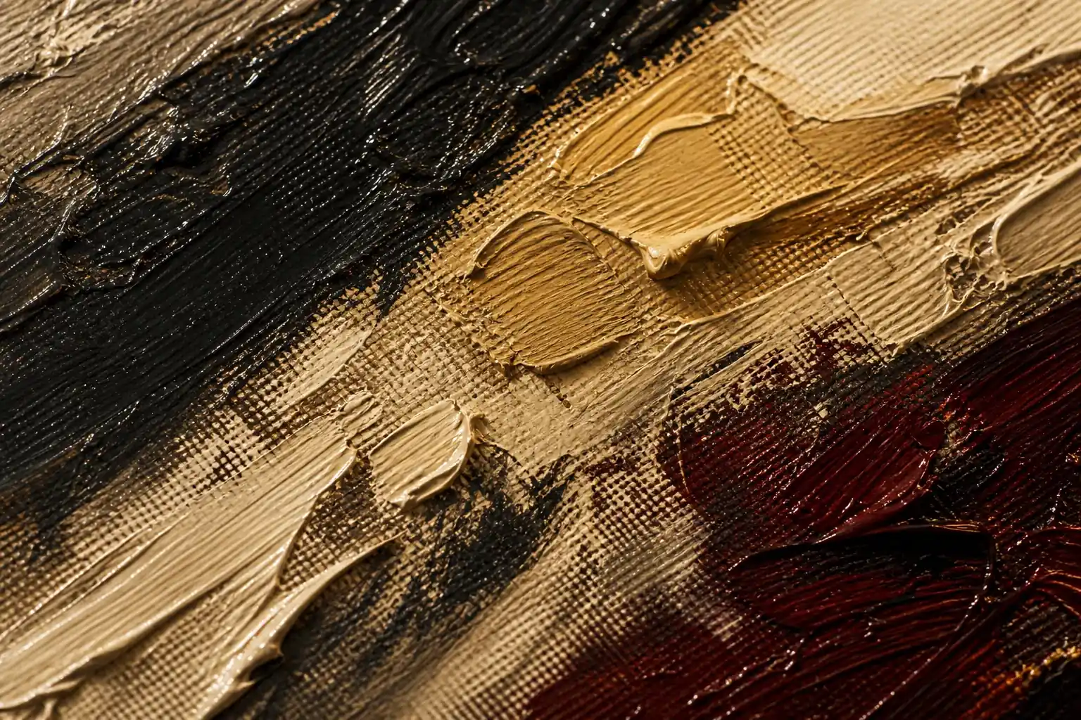Close-up of rich, hand-painted impasto oil brushstrokes on organic linen canvas, highlighting the authentic craftsmanship of DafenArts master painters.