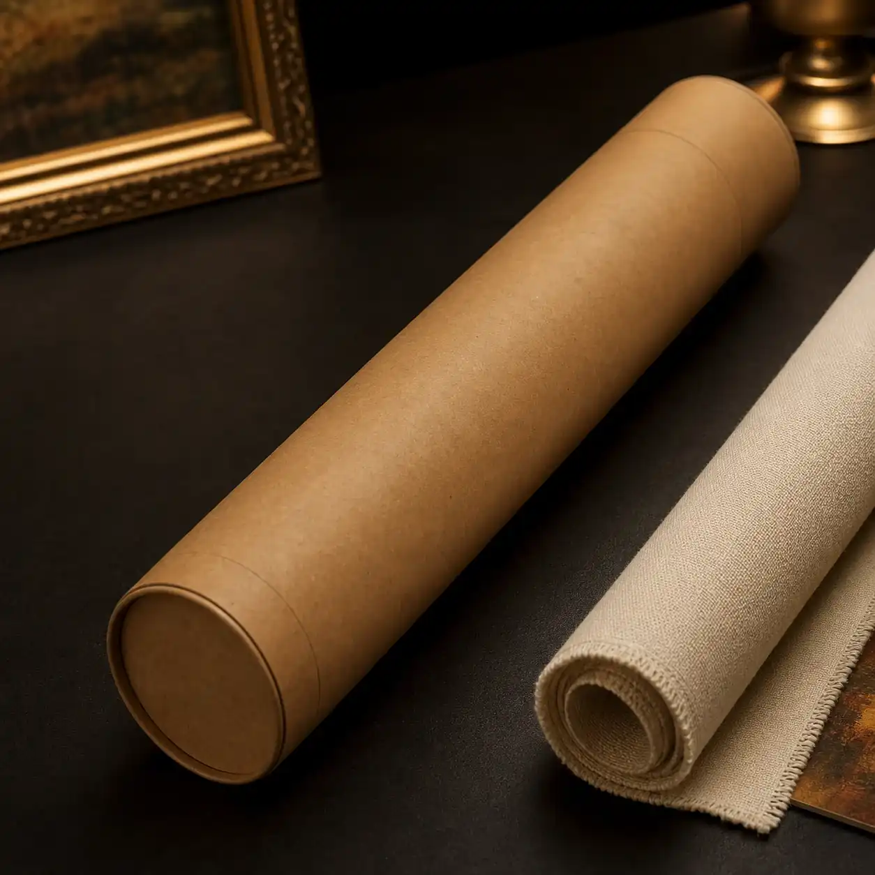 Unstretched DafenArts oil painting canvas rolled safely in protective archival paper, prepared for secure international tube shipping.