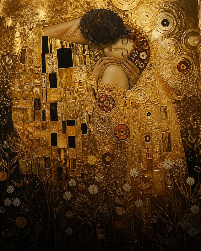 Hand-painted Gustav Klimt The Kiss reproduction, Symbolism style with real gold leaf gilding, opulent textures on canvas
