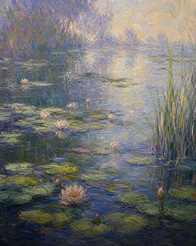 Hand-painted Claude Monet Water Lilies oil reproduction, Impressionism light and atmosphere style, soft textured oil on canvas