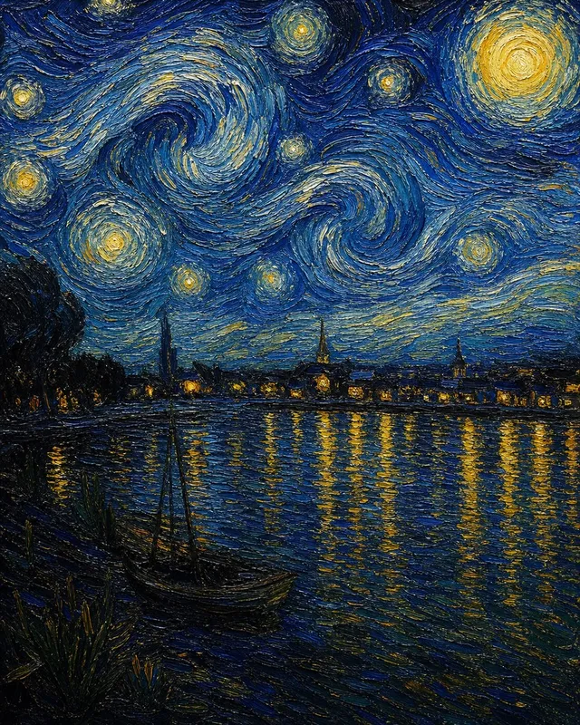 Hand-painted Vincent Van Gogh Starry Night Over The Rhone oil reproduction, Post-Impressionism style, muscular impasto on textured canvas