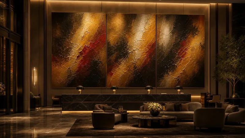 Five-star luxury hotel lobby featuring massive bespoke hand-painted abstract canvas installations