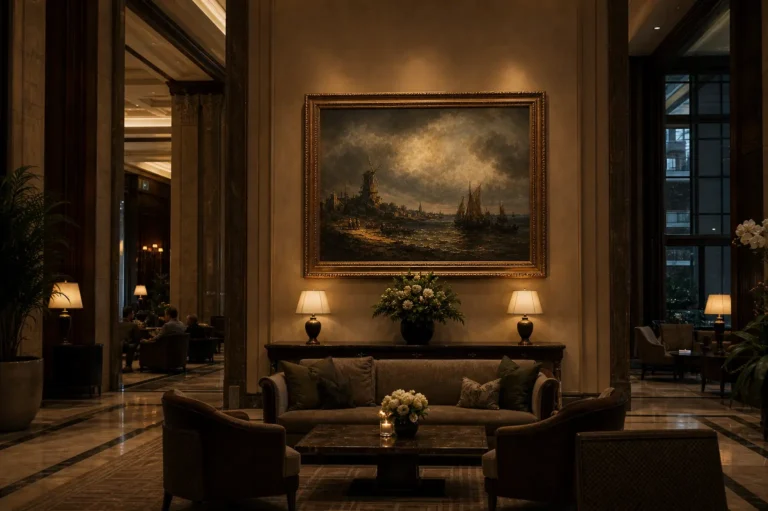 large framed oil painting installed above seating in an upscale hotel lobby