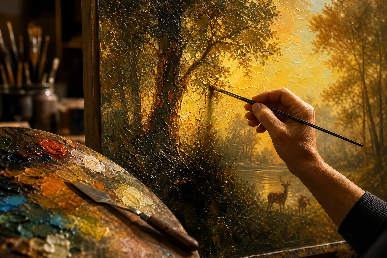 painter working on a luminous landscape oil painting on canvas