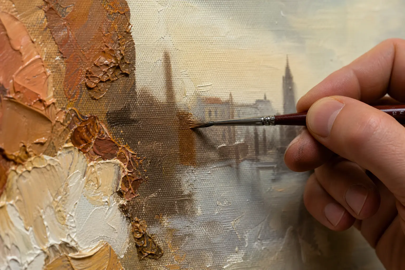 brush on canvas detail showing heavy paint build in a hand-painted oil painting