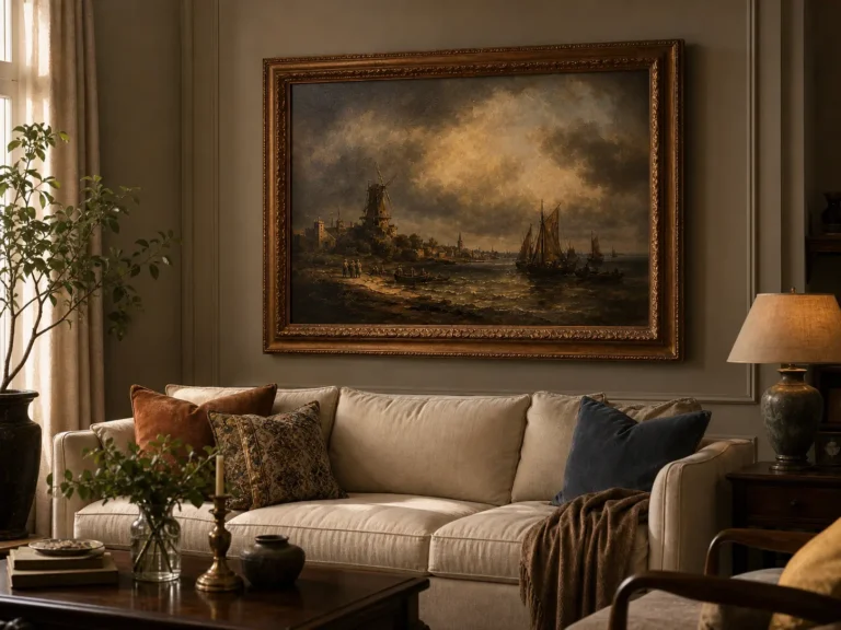 large framed oil painting scaled above a living room sofa in a neutral interior