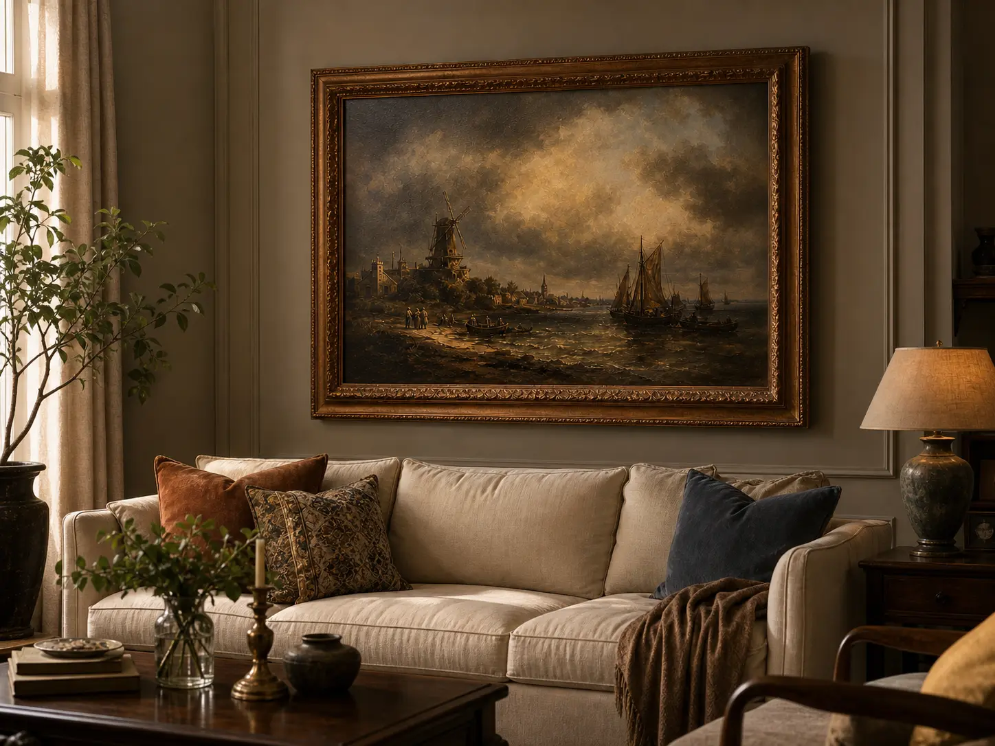 large framed oil painting scaled above a living room sofa