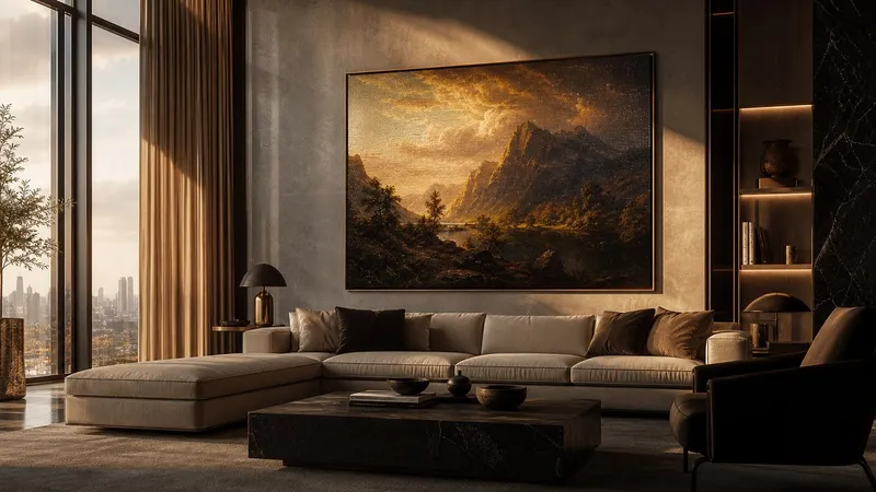 Luxury penthouse living room decorated with a massive hand-painted landscape oil reproduction, grand architectural scale