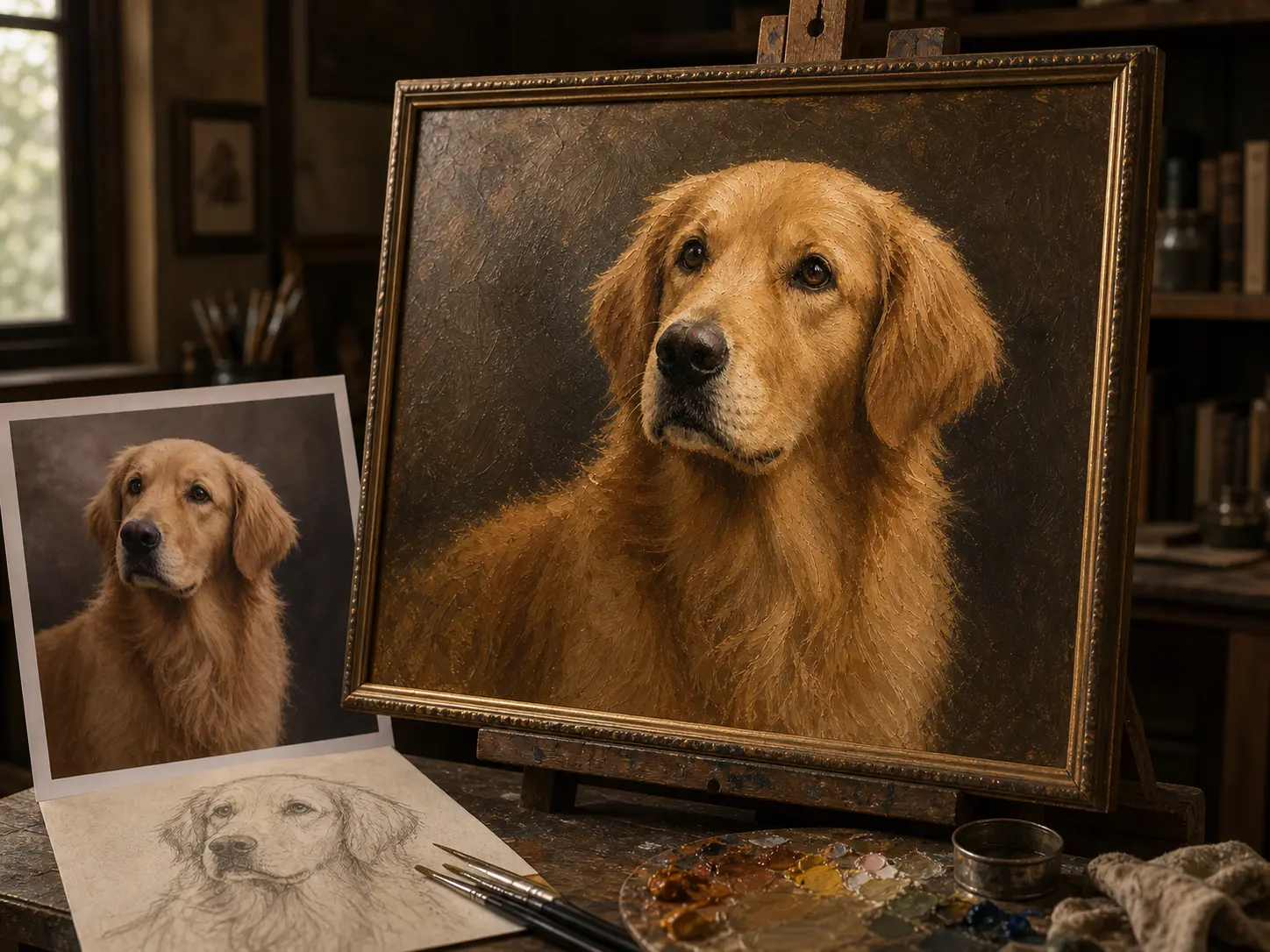 finished pet oil painting from photo with reference and sketch planning