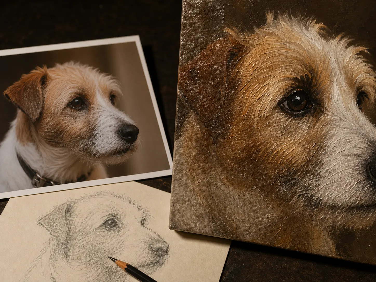 editorial illustration of pet photo reference and hand-painted oil portrait canvas texture