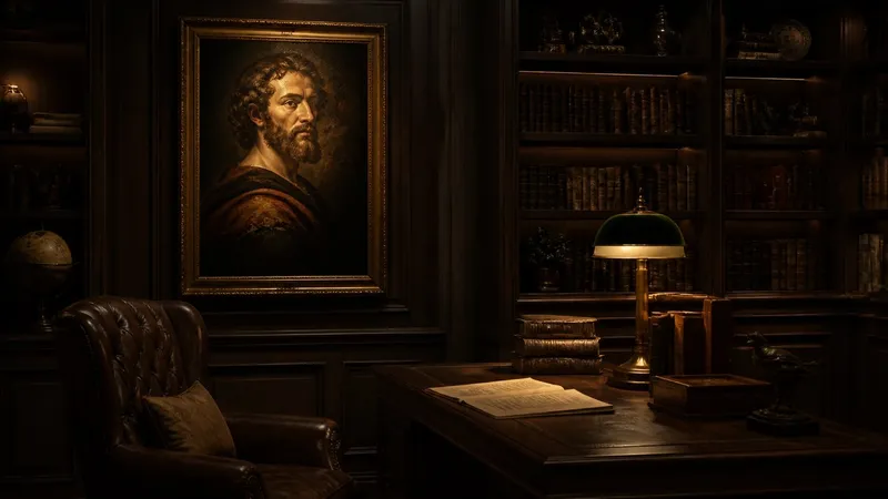 Private mahogany library study decorated with a Renaissance portrait oil painting, Chiaroscuro Rembrandt lighting