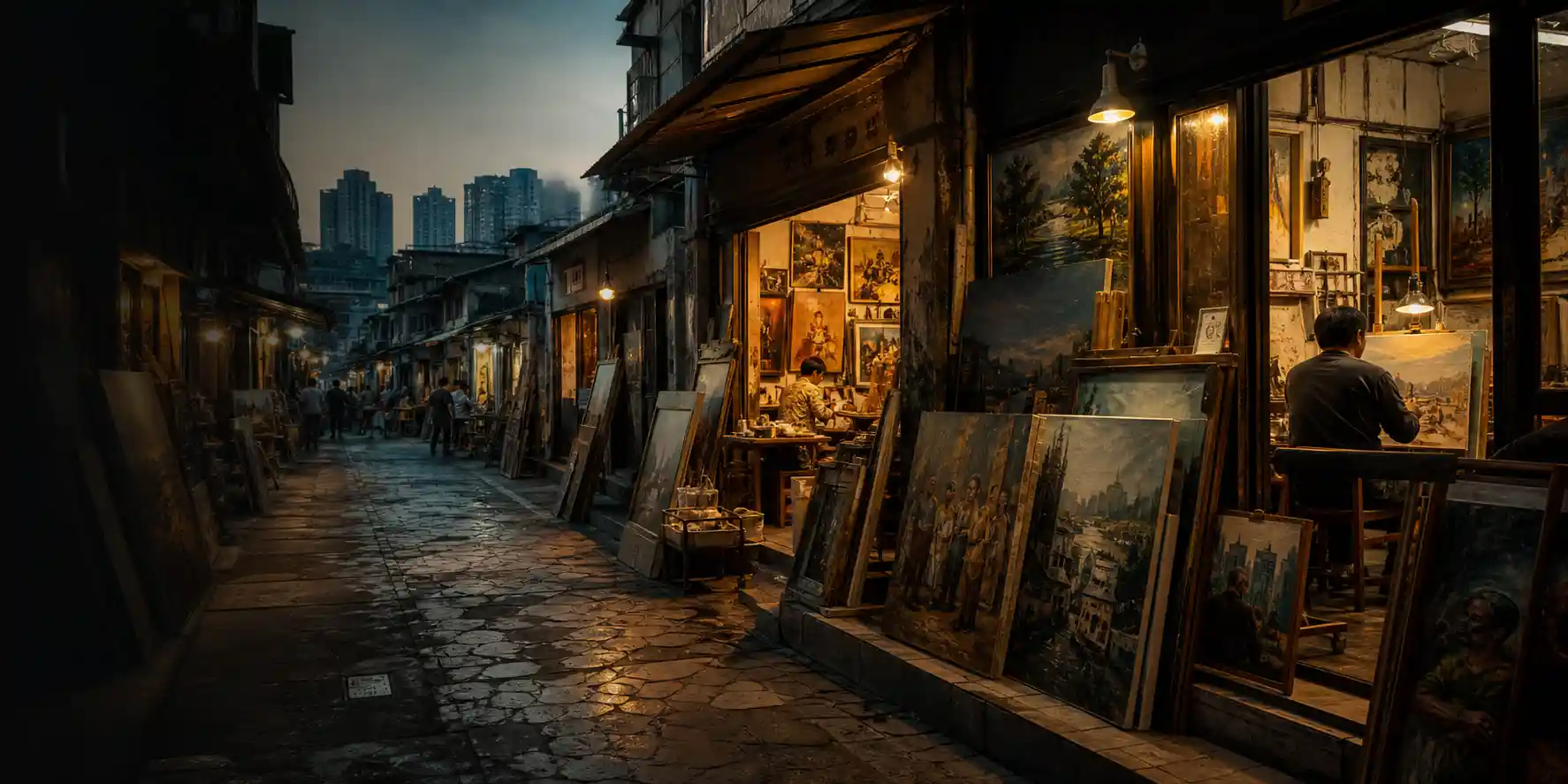 Cinematic evening view of authentic DafenArts master painter studios, illuminated by warm golden light highlighting classical oil painting reproductions.