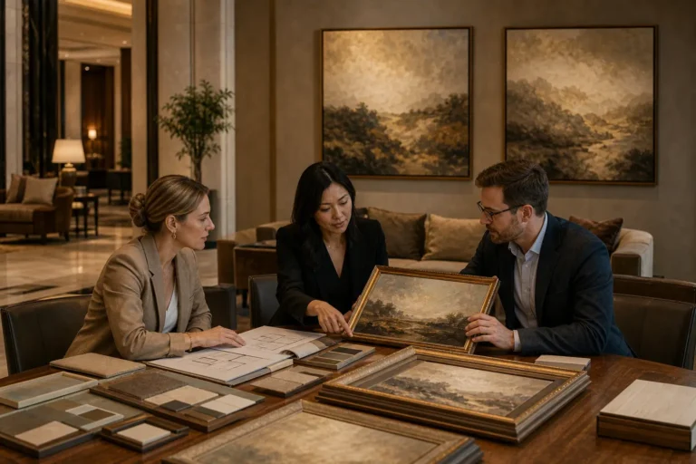 hotel procurement and design team reviewing framed oil painting options and finish samples in a hospitality meeting area