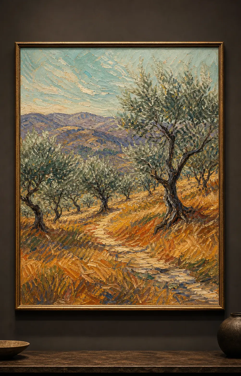 Framed Vincent van Gogh-inspired hand-painted oil reproduction with ochre orchard, olive trees, and directional brushwork