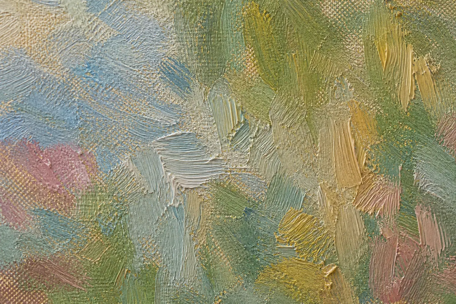 Close-up of broken Impressionist-style oil brushwork in pearl blue, garden green, rose, and pale gold