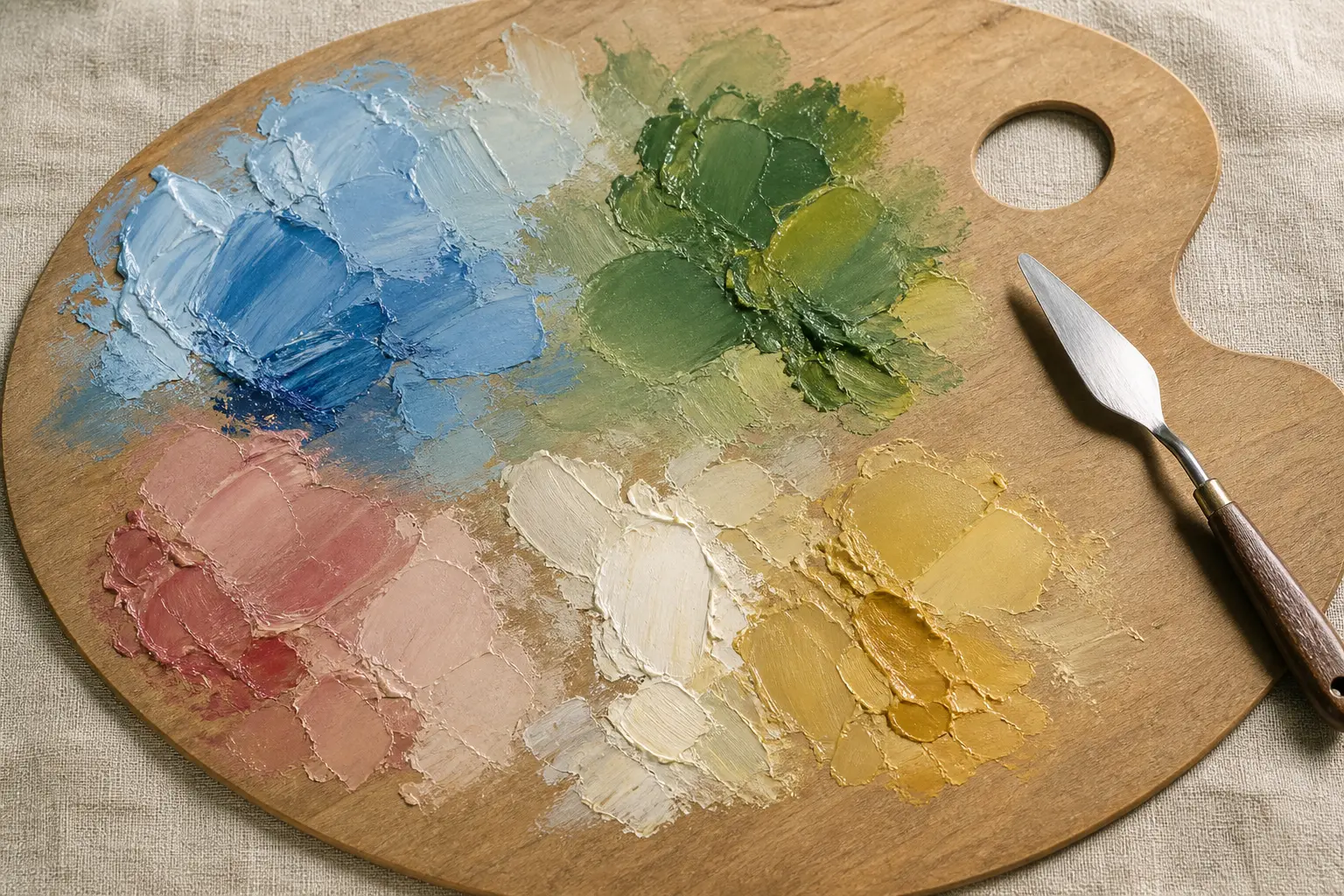 Oil paint palette in pearl blue, garden green, rose, cream, and pale gold for an Impressionist-style color study