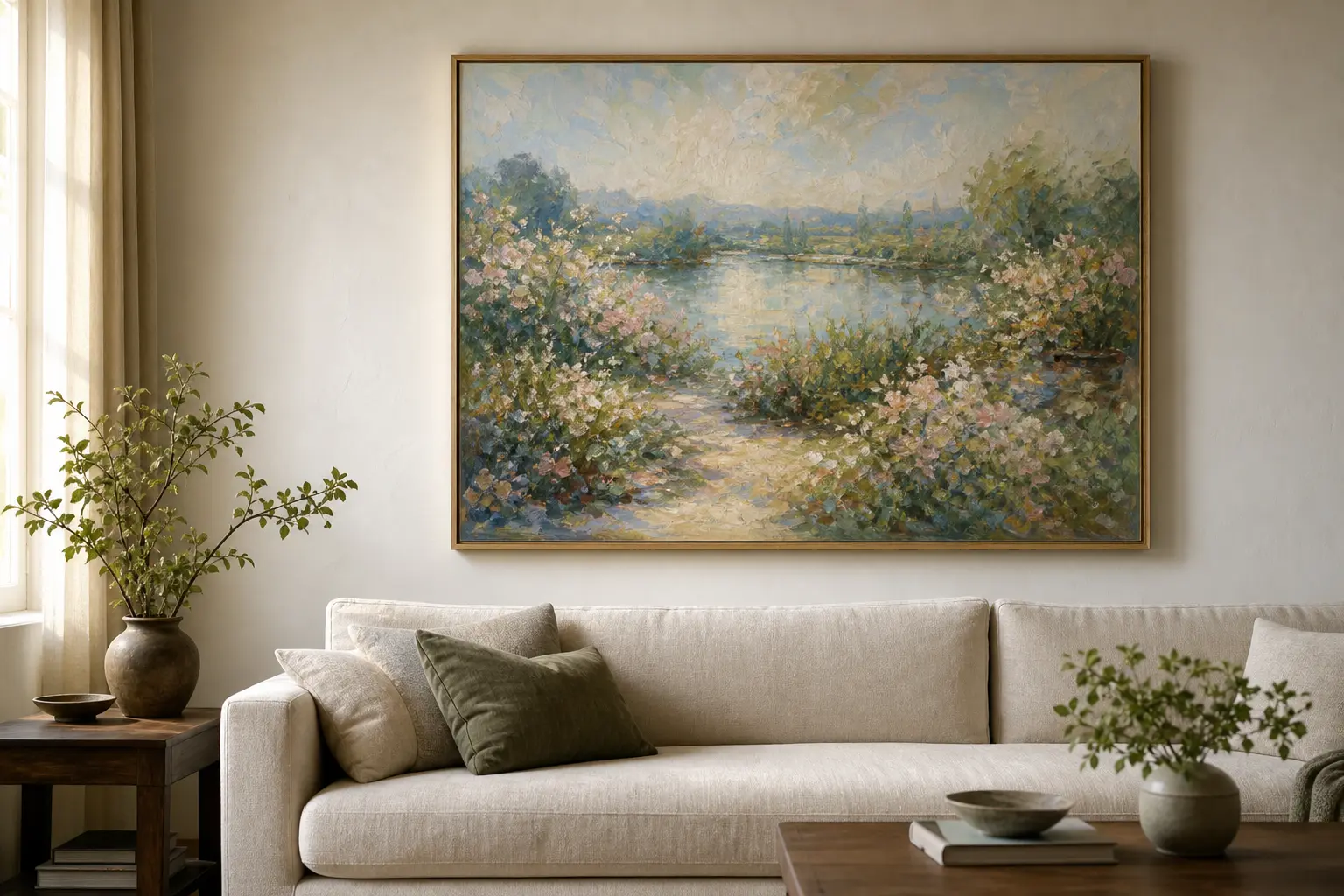 Illustrative living room with an original Impressionist-style garden landscape oil painting