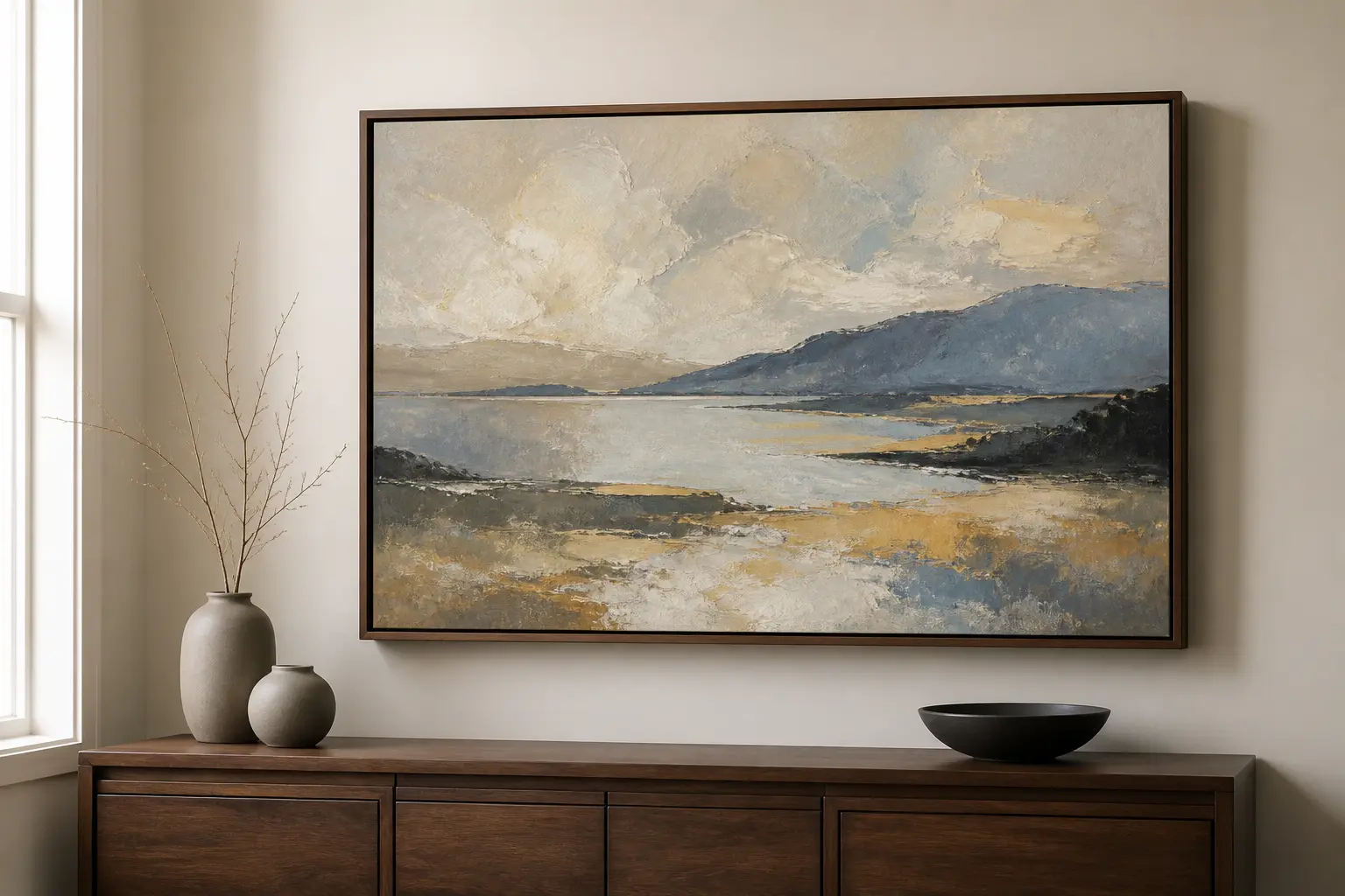 framed oil painting on stretched canvas displayed in a modern living room