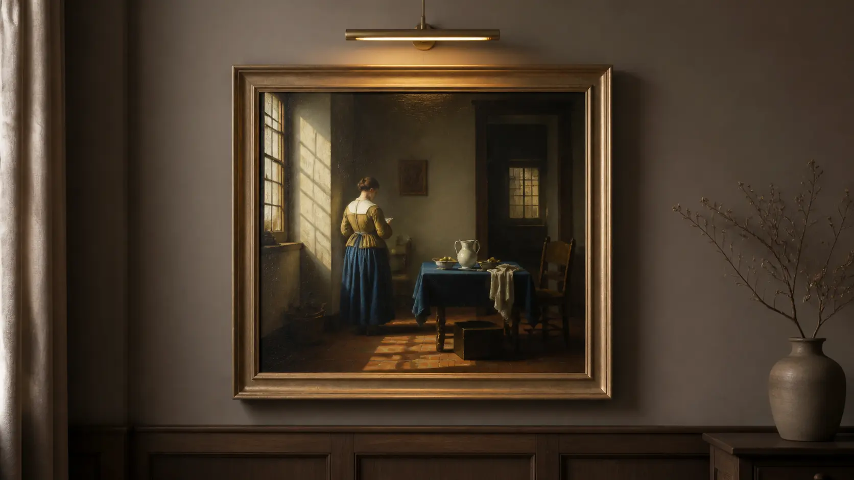 Johannes Vermeer oil painting reproduction in a quiet Dutch interior gallery