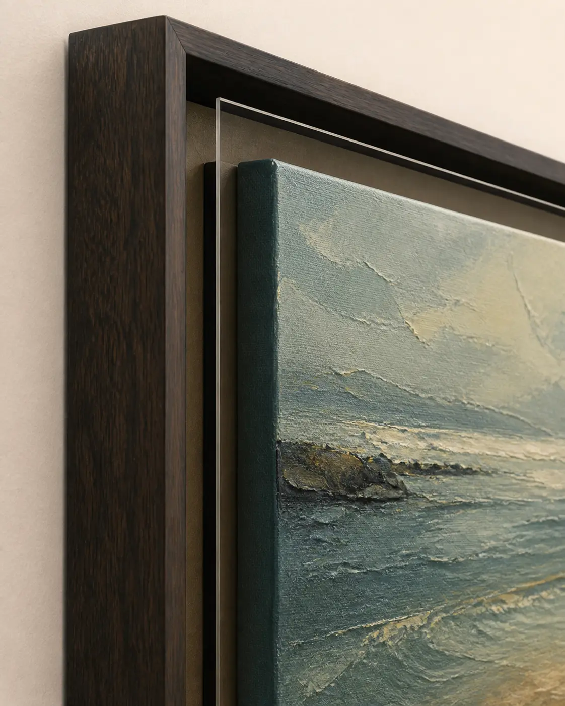side angle of framed stretched canvas with space protecting the painted oil surface