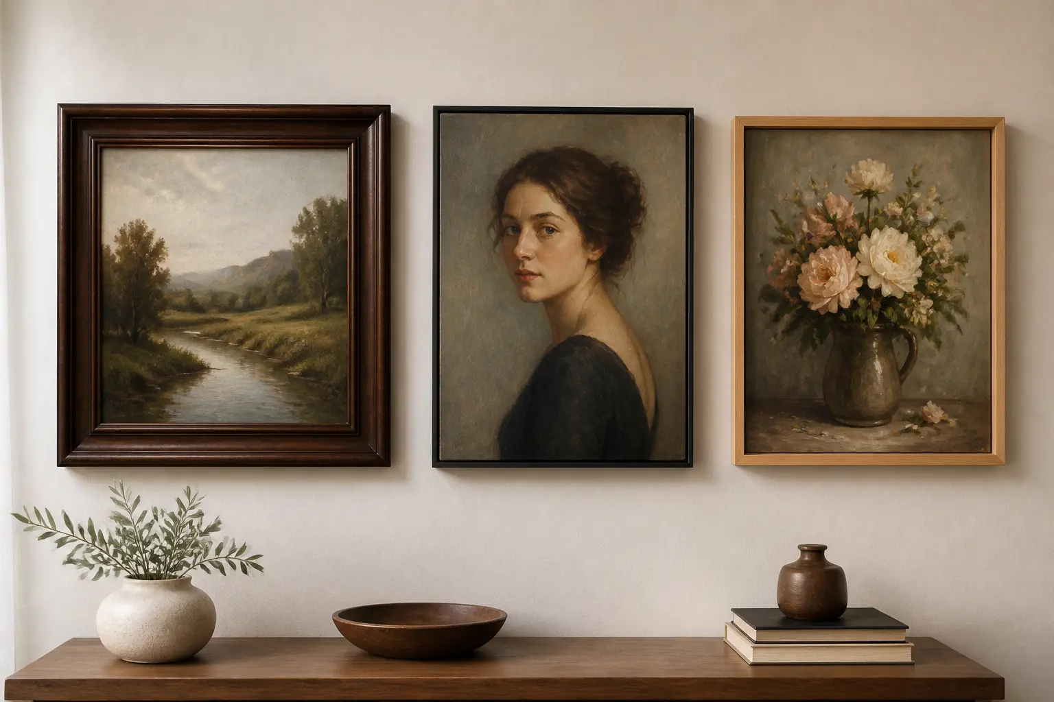 three generic oil paintings shown in traditional floater and natural wood frames