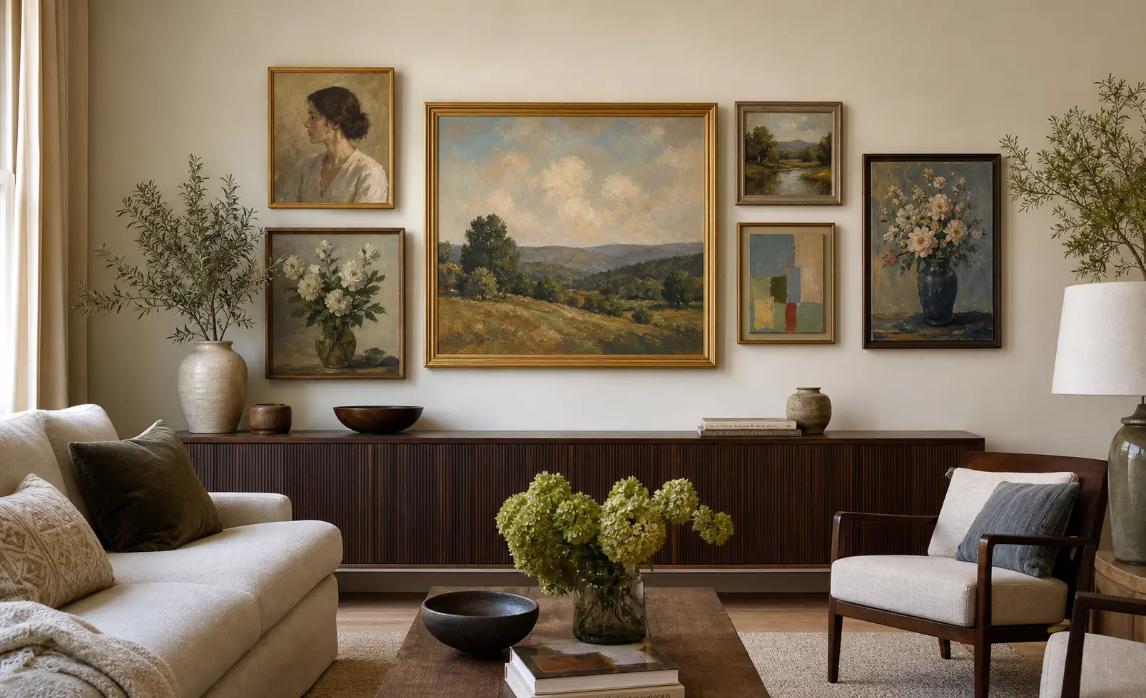 eclectic oil painting gallery wall mixing portraits landscapes and floral art