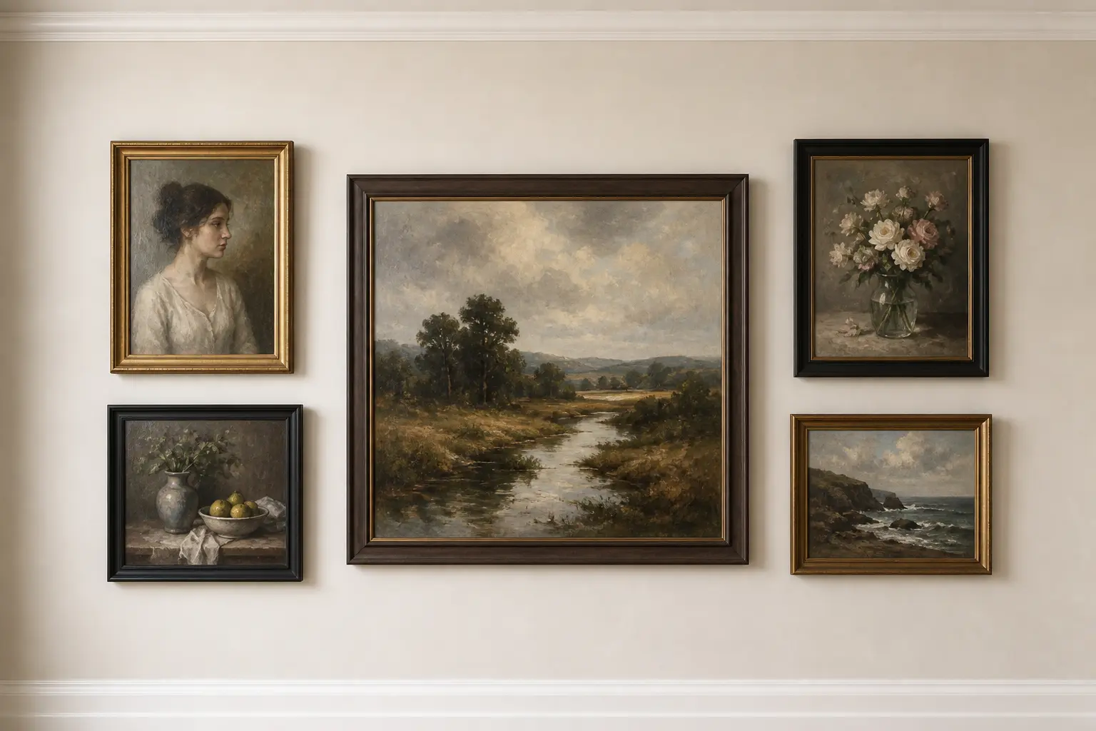 asymmetrical oil painting gallery wall layout arranged around one anchor painting