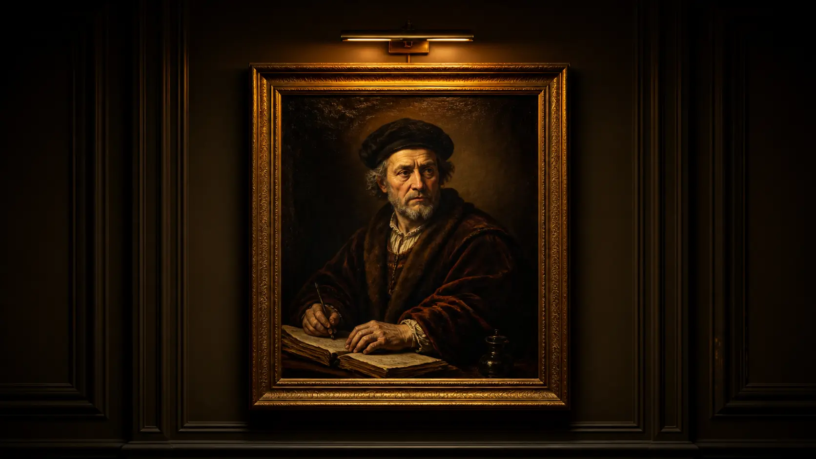 Rembrandt oil painting reproduction in a dark Old Master gallery